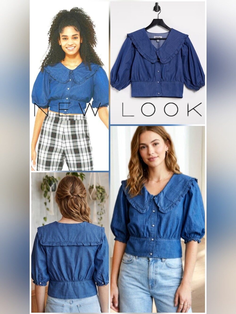 New Look Blue Ruffle-Collar Button Front Denim Top